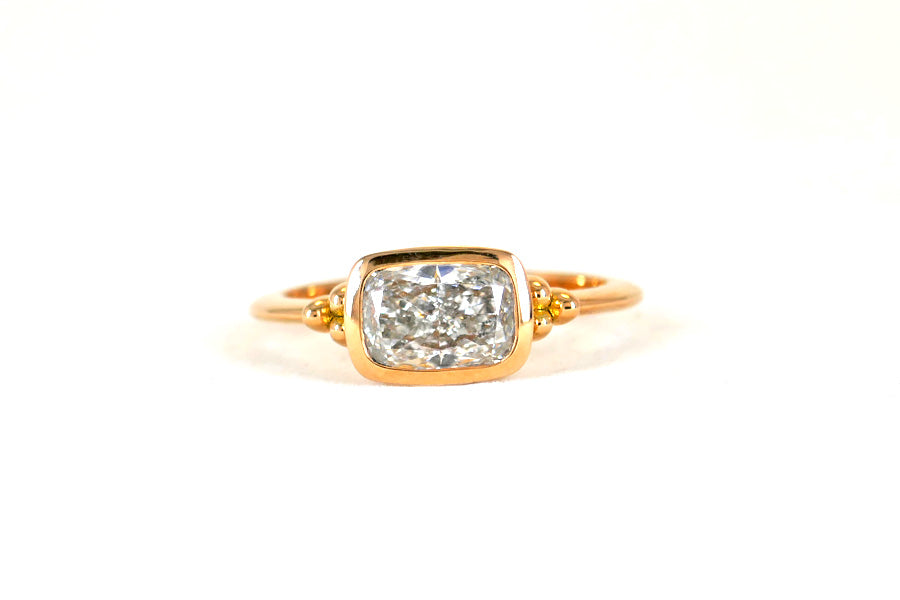 Bead Design 18ct Red Gold Ring with Cushion Cut Diamond