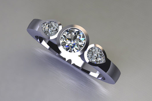 Three Stone Round Brilliant Cut & Pear Cut Diamond Platinum Ring Design