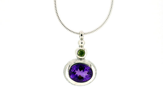 Oval Amethyst & Peridot Silver Drop Pendant